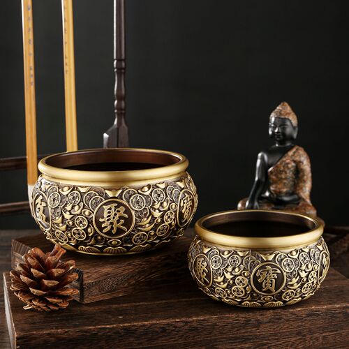 Brass retro ingot five emperors money cornucopia large piggy bank rice cylinder office desktop ornaments opening copper basin
