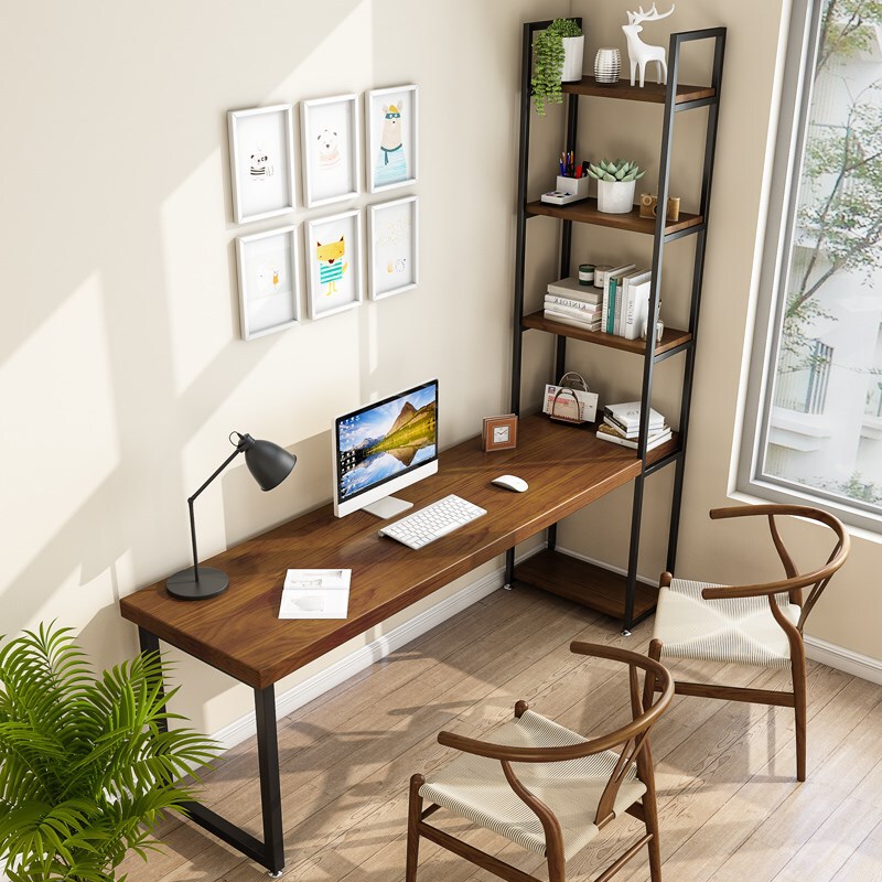 Solid wood computer desk simple integrated combination home writing desk desk bookshelf bedroom long table corner with bookcase