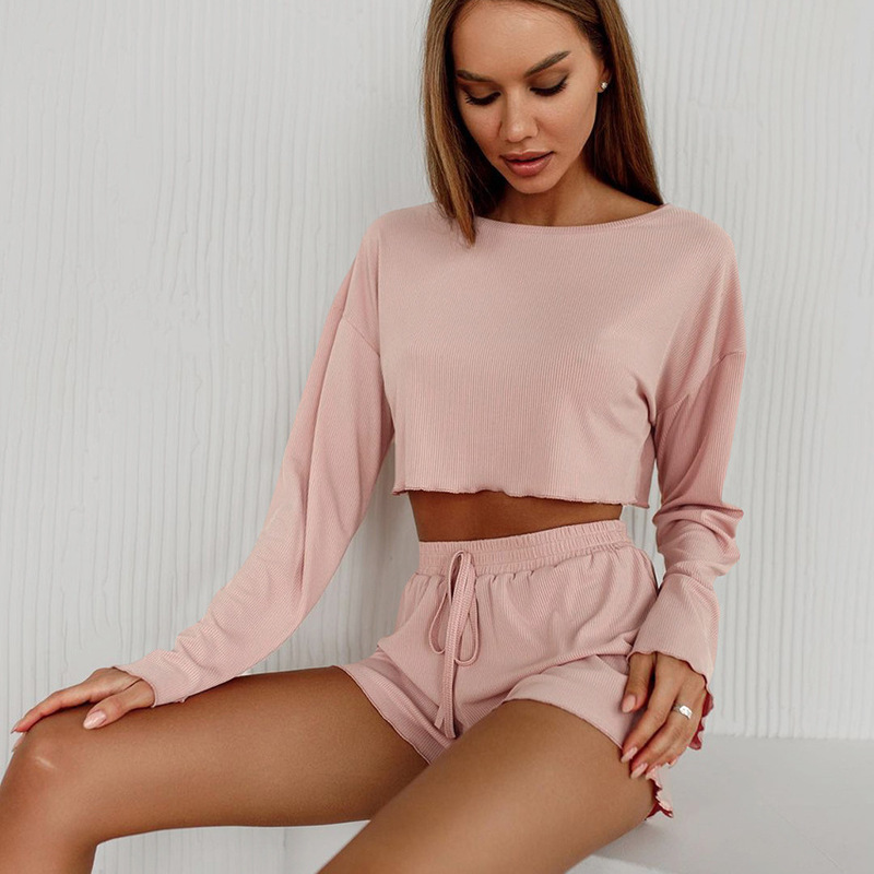 Foreign Trade Europe and the United States Cross-border Summer Soft Breathable Knitted Pit Strip Navel Long-sleeved Shorts Two-piece Set Women's Home Clothes