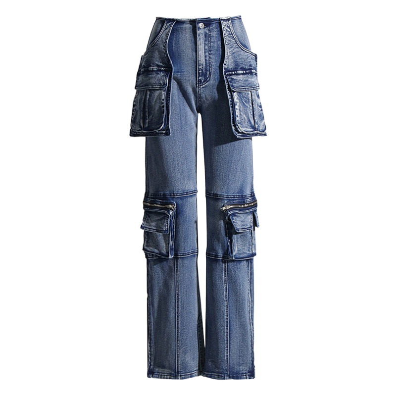 Jeans de Pierna Recta para Mujer, Diseño Primavera 2026, con Bolsillos Grandes y Parches, Pantalones Largos Ajustados, para Comercio Exterior Transfronterizo