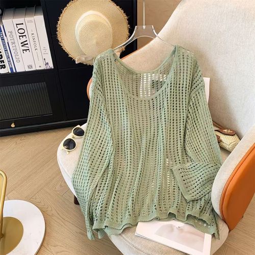 Women's Summer Lazy Style Loose Sun Protection Blouse with Hollow Knit Long Sleeve, Round Neck Design, Pure Color Top with Unique Details