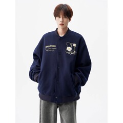 美式复古棒球服重磅宽松衣服立体花型刺绣夹克男女同款毛呢情侣款