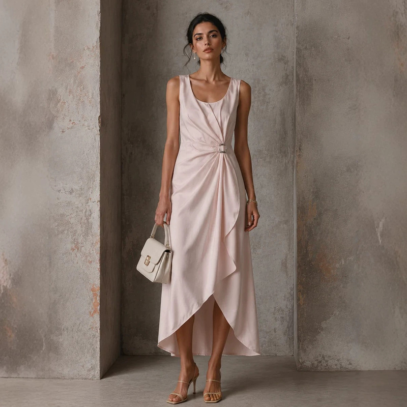 2026 European and American Cross-Border U-Neck Metal Ring Twisted Pleated Waist-Cinching Draped High-Low Asymmetrical Hem Sleeveless Dress