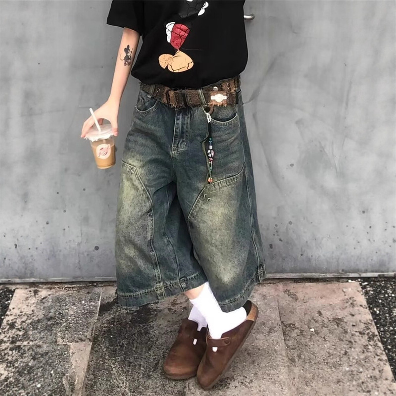 American-Style Street Fashion Washed Vintage Patchwork Denim Shorts, Summer Versatile Loose Fit Unisex Wide-Leg Cropped Shorts Trendy