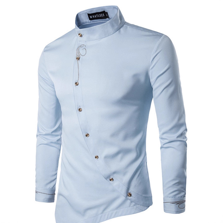 Aliexpress New Men's Diagonal Button Irregular Good Quality European Size Shirt Spring Stand Collar Men's Large Size Shirt