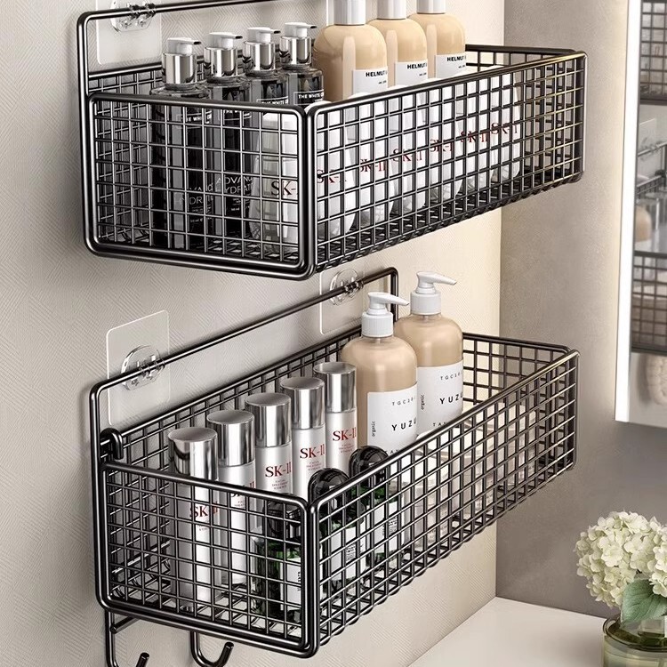 Large Wall-mounted Drain Storage Rack with Hook for Toilet Non-perforated Metal Basket Iron Basket Large Wall-mounted Drain Storage Rack with Hook for Toilet Non-perforated Metal Basket Iron Basket