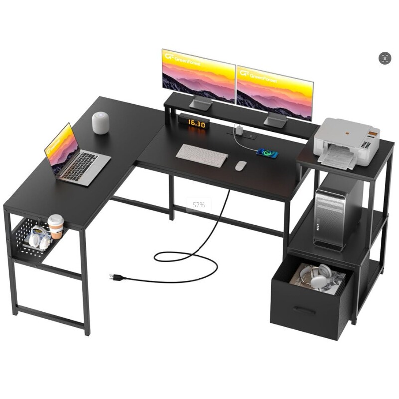 Long Computer Desk, with Drawers and Printer Stand, Gaming Desk with Power Socket, Monitor Stand Hook