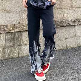 美式嘻哈暗黑撞色流苏牛仔裤男女高街ins潮牌宽松休闲直筒拖地裤