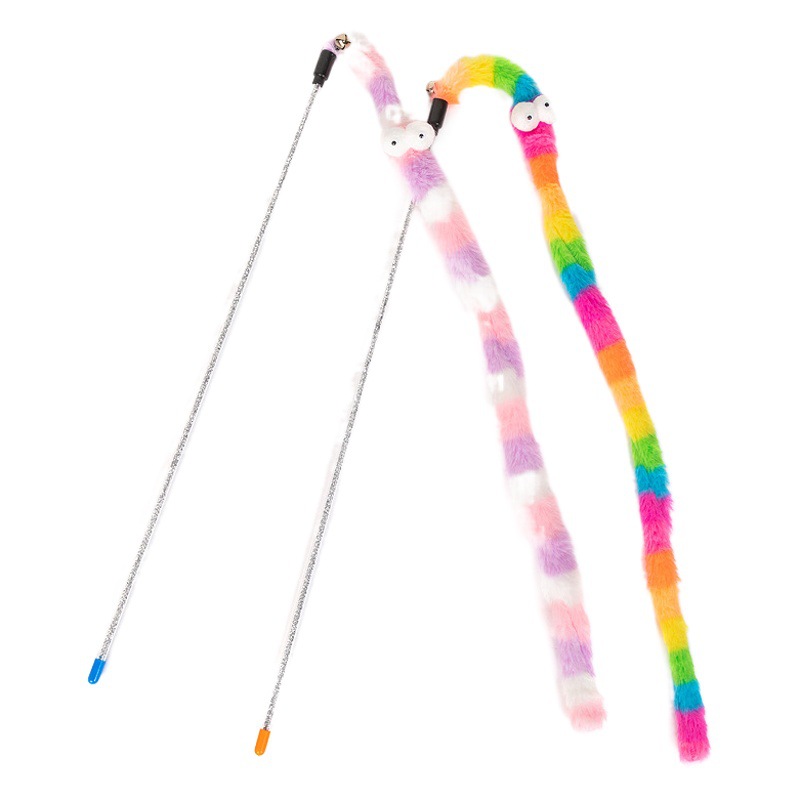 Divertido gato palo en stock al por mayor de cuero Taobao franela Arco Iris serpiente color largo terciopelo tira divertido gato palo gato juguete para mascotas