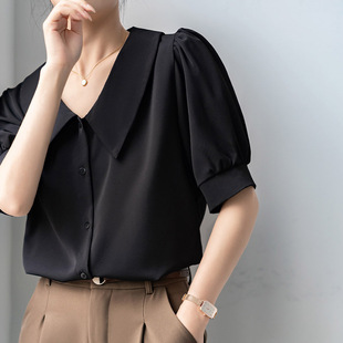 Baby Doll Collar Short-Sleeved Shirt for Women in Summer, Light and Sophisticated French Design Top, Professional Interview Formal Wear V-Neck Chiffon Shirt
