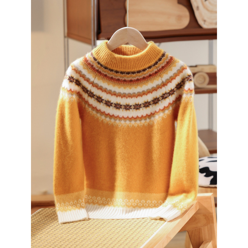 Children's autumn and winter double-strand thick wool sweater, retro Fair Isle pullover, girls' base layer knit sweater, boys' and girls' sweaters