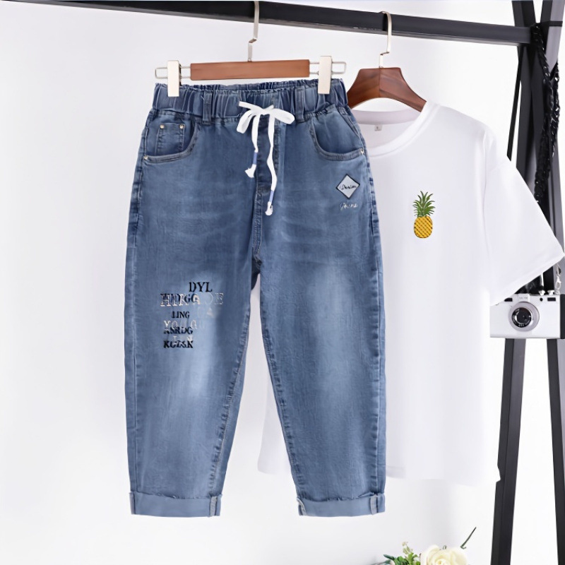 Summer Thin Elastic Waist Jeans for Women, Straight Cropped Pants, Loose Large Size Elastic Pants, Casual Fat mm High Waist Pants