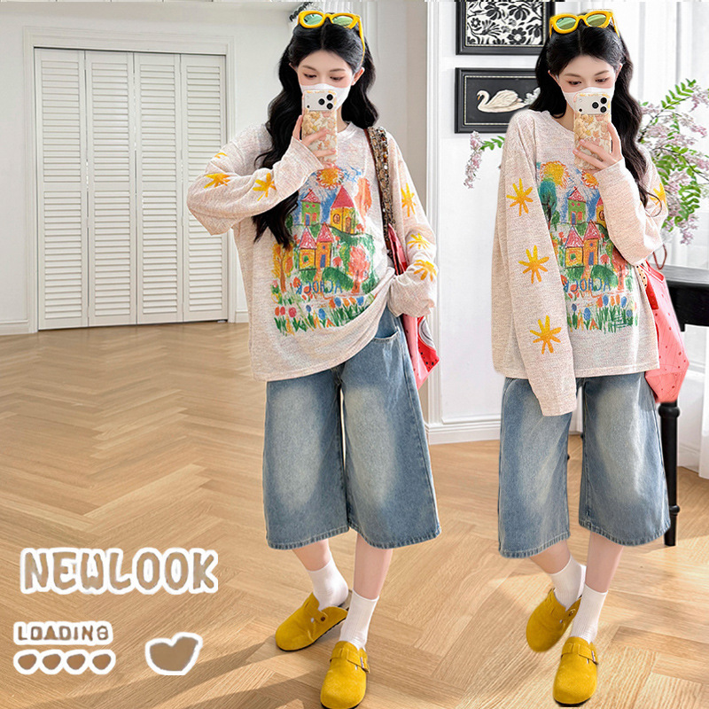Pregnant Women's New Spring and Summer Style Loose and Lazy Style T-Shirt Washed Blue Wide-Leg Cropped Pants Straight-Leg Jeans Casual Suit Pregnant Women's New Spring and Summer Style Loose and Lazy Style T-Shirt Washed Blue Wide-Leg Cropped Pants Straight-Leg Jeans Casual Suit