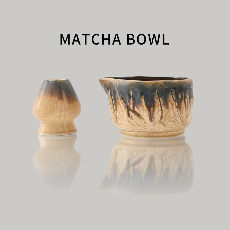 Japanese-style retro ceramic matcha bowl with spout, featuring a kiln-fired glaze with a gradient effect; a set of matcha bowls and a tea whisk from the Song Dynasty