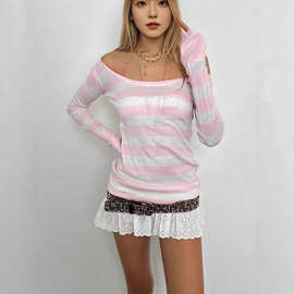 跨境欧美辣妹条纹露肩长袖针织T恤女秋季长袖修身性感斜肩上衣T