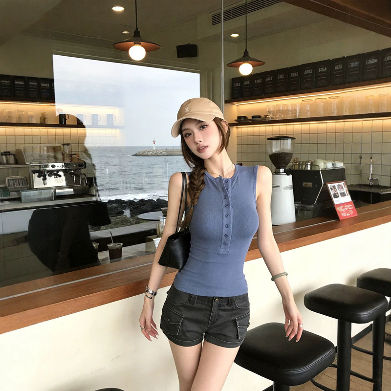 Summer Intellectual Vibe Multi-Button Henry Collar Slim-Fit Tank Top Women's T-Shirt Regular Shoulder Sleeveless Top