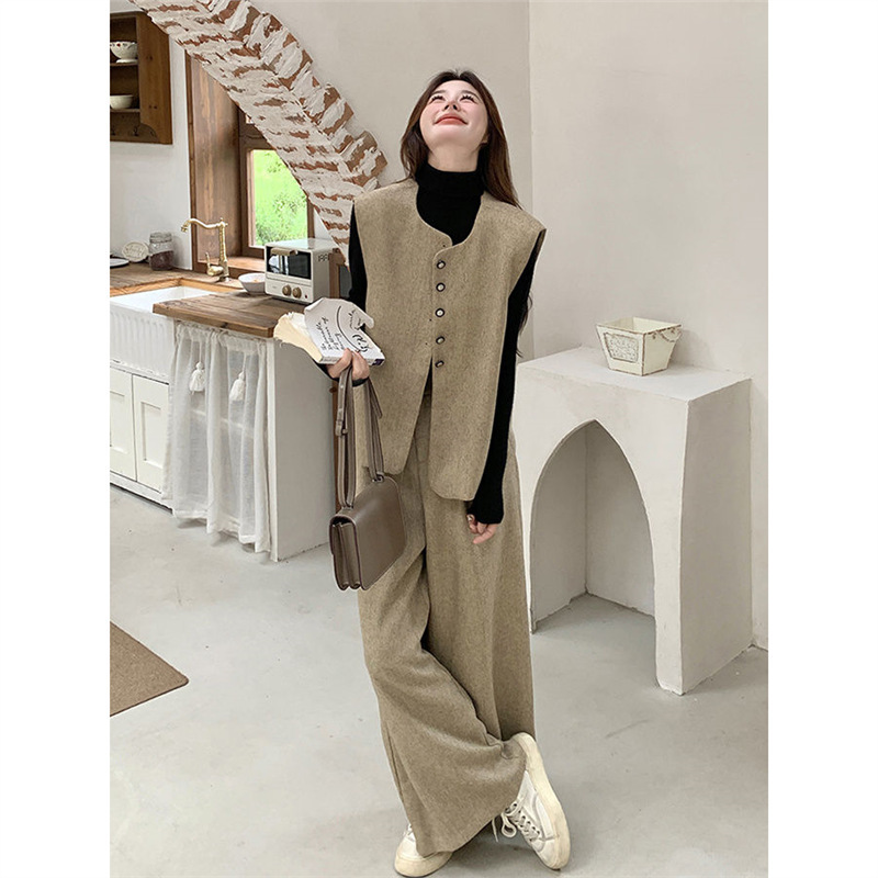 卡其色高级感马甲阔腿裤套装女秋季新款韩系小个子气质松弛两件套|undefined