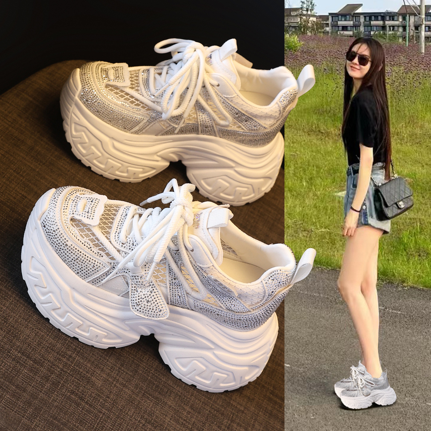 Giày sneaker nữ đế dày tăng chiều cao phong cách thời trang đính đá rhinestone, thoáng khí — màu trắng