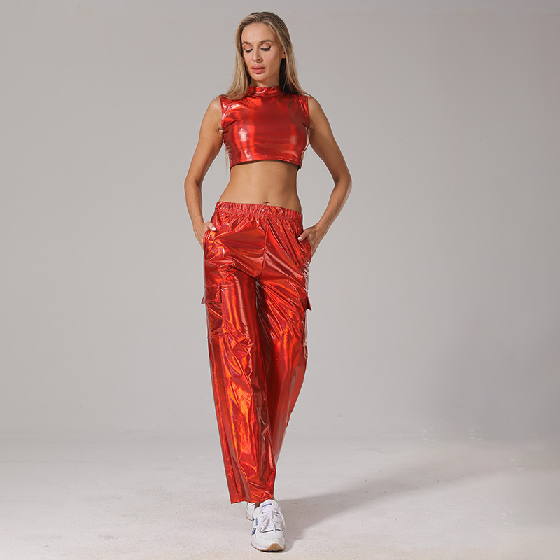 Cross-Border European and American Foreign Trade Women's Clothing Amazon Fashion High-Waisted Pu Shiny Leather Pants Casual Pants Workwear Suit Manufacturer Wholesale