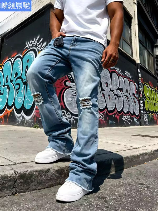 HME men's light blue jeans, with ripped knees and frayed hem, street style denim pants HME men's light blue jeans, with ripped knees and frayed hem, street style denim pants