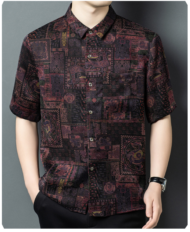 Áo sơ mi ngắn tay nam mulberry silk dáng rộng mùa hè — Da đen H187006 chi tiết 10