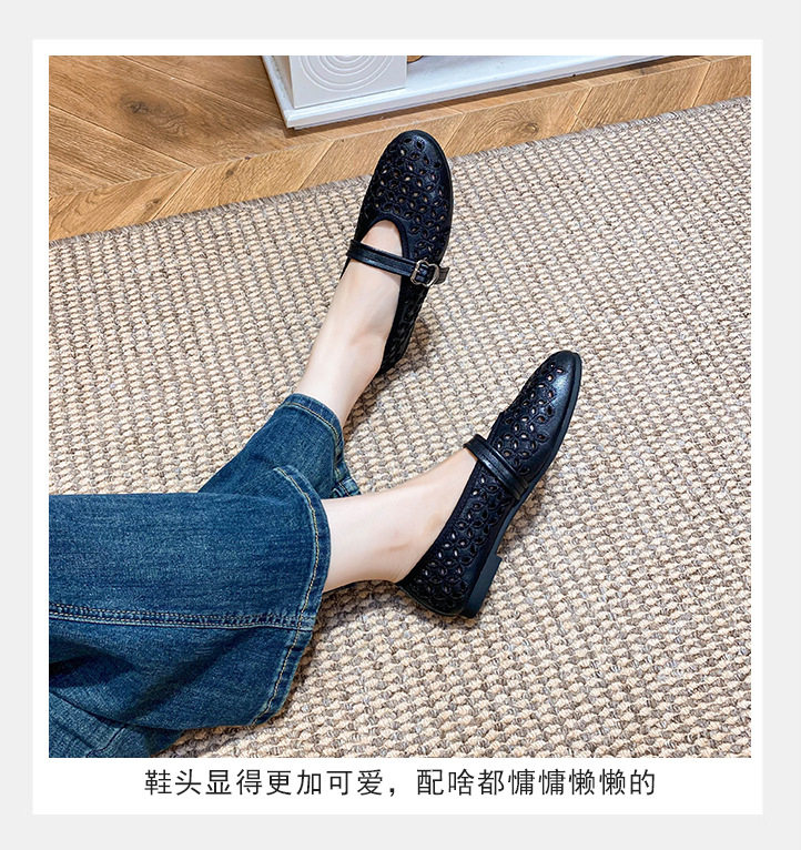 Giày búp bê nữ mũi tròn đế bằng thêu chỉ thoáng khí — Màu đen, Trắng sữa chi tiết 12