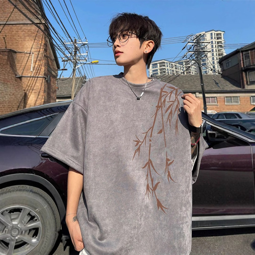 Trendy Print T-Shirt for Men - 2025 New Release, Loose Oversize Design, Unique Subculture National Trend, Suede Texture, Heavyweight Short Sleeve