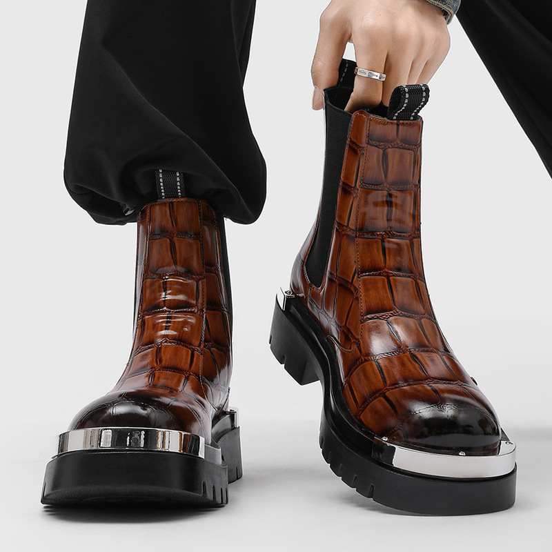 Business Men's Fashion Martin Boots Casual Trendy Crocodile Pattern Slip-On Large Toe Work Shoes Retro Classic Men's Boots