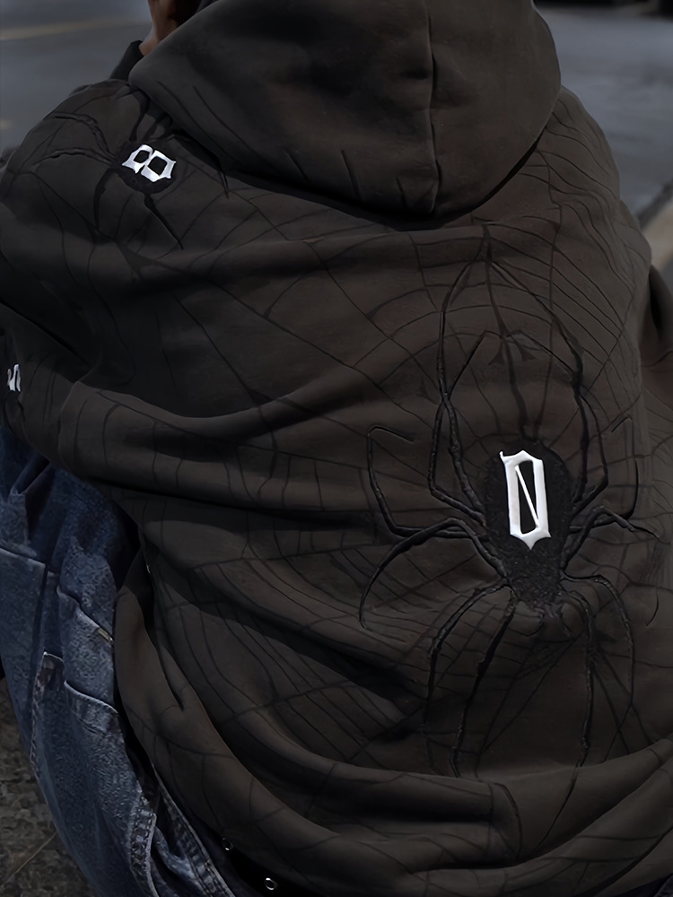Gothic hoodie oversized met spinnenweb print voor heren_voghion.com