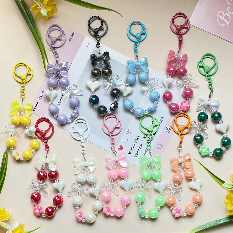 Creative Fresh Candy-Colored Plated Beaded Keychain with Bow and Heart Keychain, Bag Charm, Bracelet Creative Fresh Candy-Colored Plated Beaded Keychain with Bow and Heart Keychain, Bag Charm, Bracelet