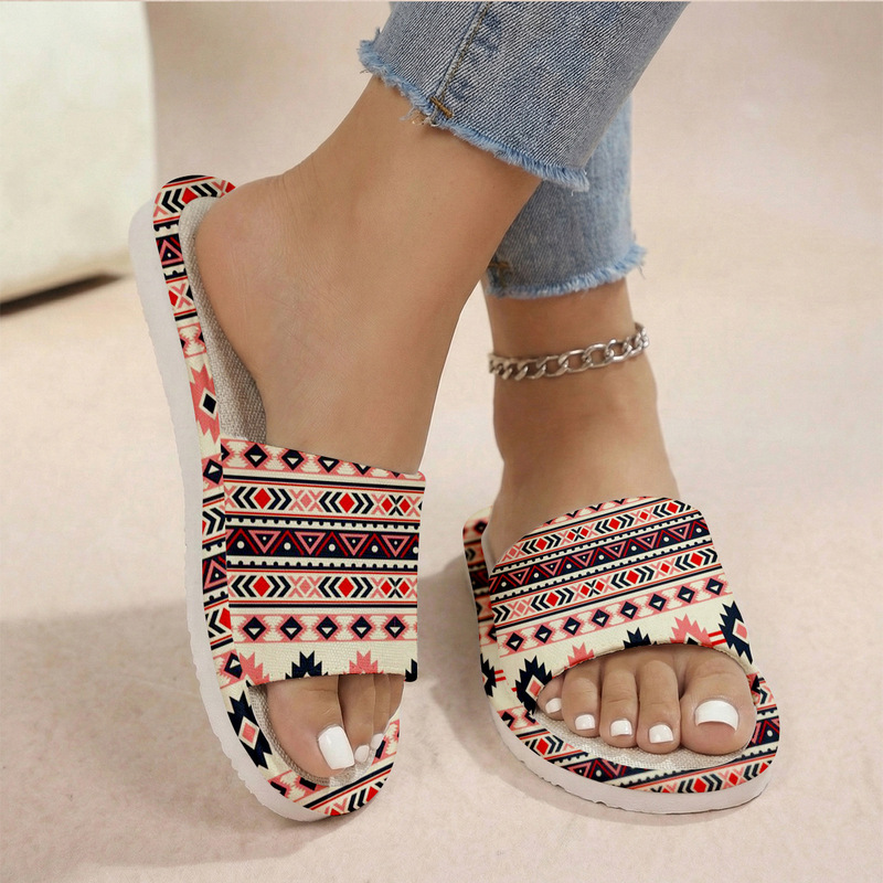 Cross-Border New Style Bohemian Geometric Pattern Linen Slippers Foam-Soled Women's Flip-Flops Casual Women's Sandals