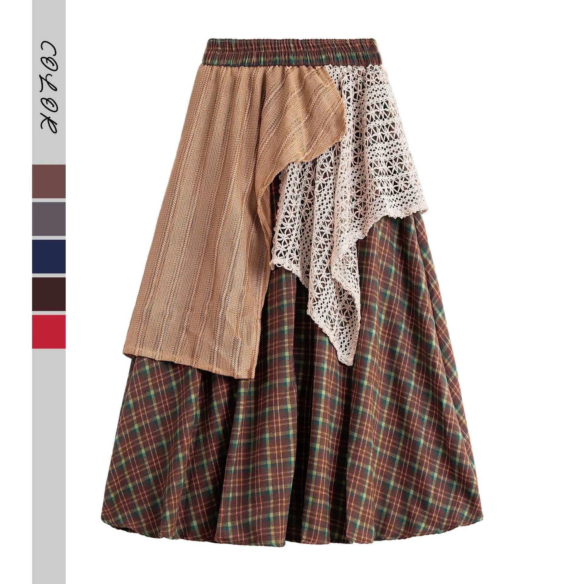 Ницца чувство дизайна нерегулярно сшитая клетчатая юбка-юбка женского пола длинная эласткая и высокая талия тонкая длинная юбка