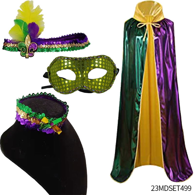 Accesorios para el Cabello de Carnaval de Mardi Gras, Máscara Tricolor, Corbata de Moño, Cadena de Cuentas Electrochapadas, Conjunto para Fiesta de Carnaval