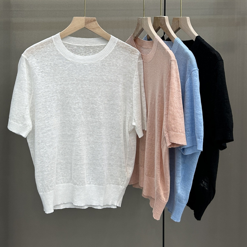 [In Stock] INTO~Lightweight Minimalist Style Classic Full Linen Knit Short Sleeve T-Shirt Top