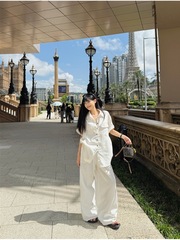 レイジーオールドマネースタイルスーツレディース白半袖シャツトップ夏カジュアルルーズワイドレッグロングパンツ2点セット