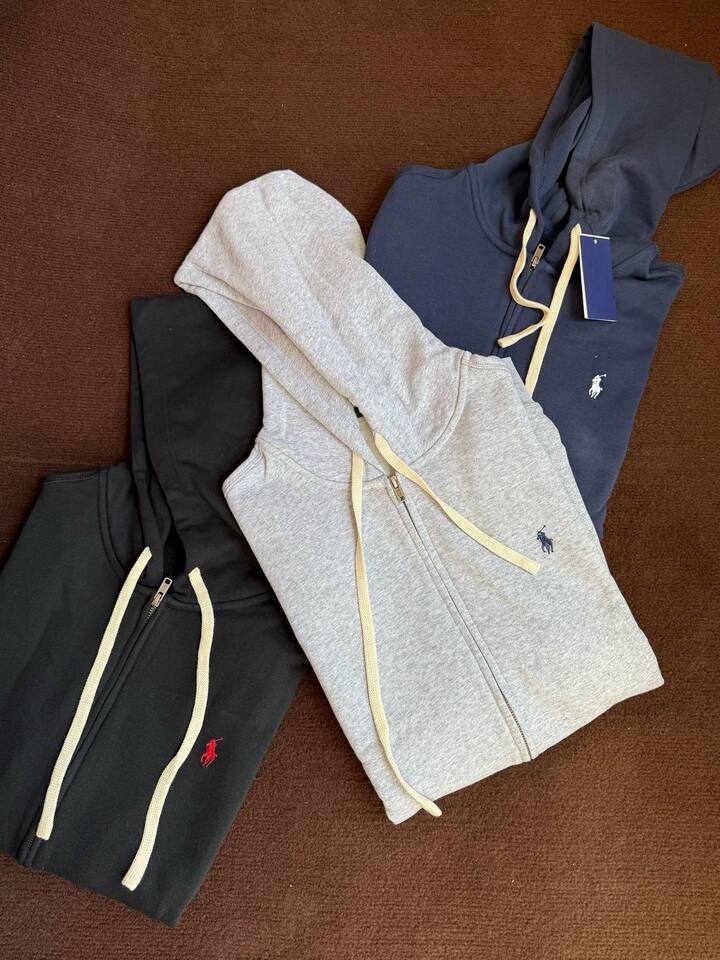 Áo hoodie nam khóa kéo có mũ, lót lông dày, thêu hình ngựa nhỏ, form rộng unisex — Màu xanh tím than, màu xám, màu đen
