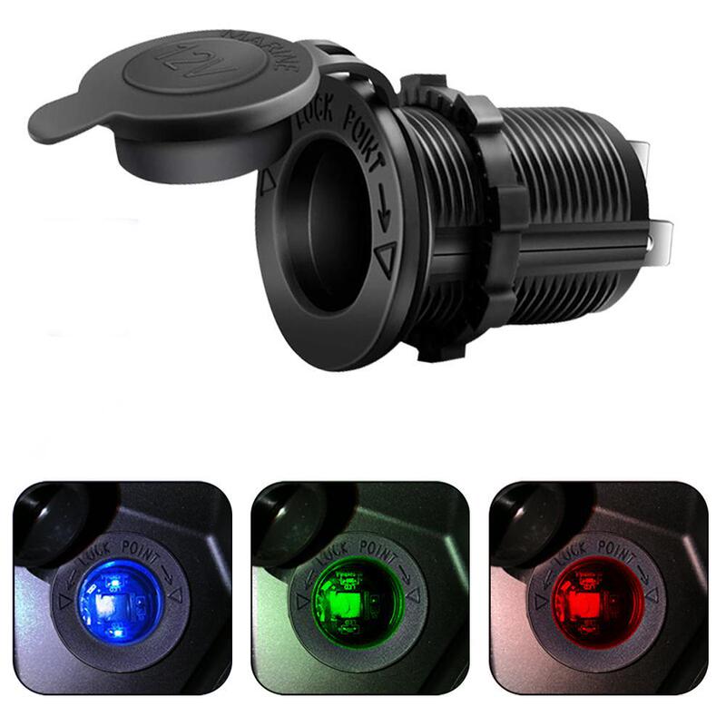 12V Waterproof Cigarette Lighter Socket with Lights in Red, Blue, and Green for Cars, Boats, Motorcycles, and Tractors 12V Waterproof Cigarette Lighter Socket with Lights in Red, Blue, and Green for Cars, Boats, Motorcycles, and Tractors