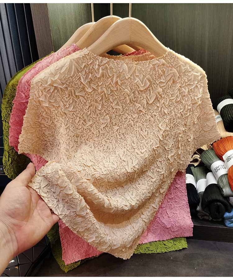 Áo thun ngắn tay nữ cổ tròn xếp li dập nổi kim cương, chất liệu cotton phối polyester, form suông thoải mái, phù hợp đi làm và dạo phố mùa hè — Màu hồng, Màu xanh lá, Màu mơ chi tiết 20