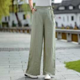 2026夏款亚麻纯色文艺休闲裤宽松女士休闲纯色百搭直筒裤女阔腿裤