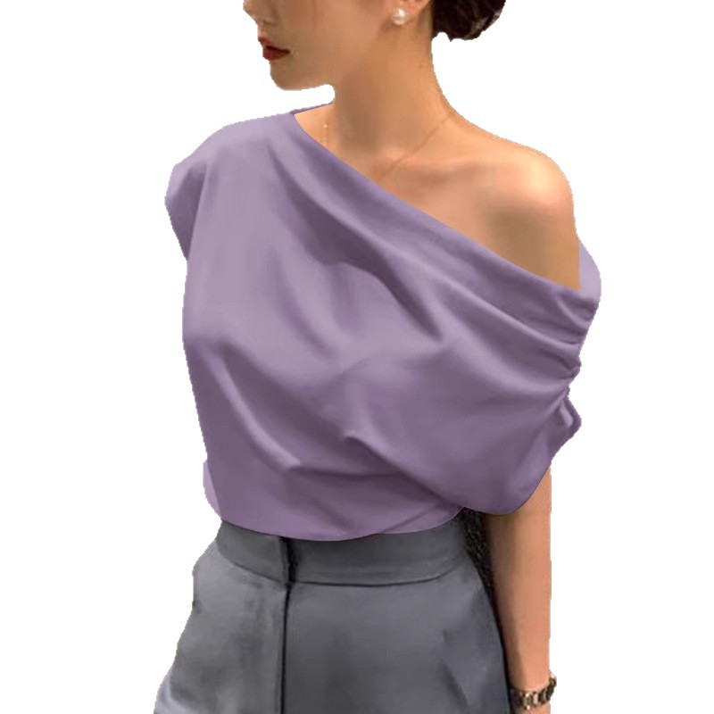 Summer New Niche Irregular Slanted Shoulder Design Loose Solid Color Pullover Short-sleeved T-shirt_ecoleips.com