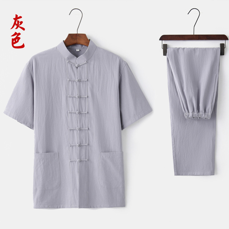 2019 nuevo verano algodón y lino traje Tang traje de manga corta ropa de Tai Chi para hombres de mediana edad y ancianos ropa Zen ropa de té ropa Ju Shi