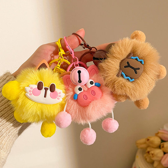 Cute Rex Rabbit Fur Ball Elf Car Keychain Pendant Casual Girly Heart Stuffed Doll School Bag Pendant Gift