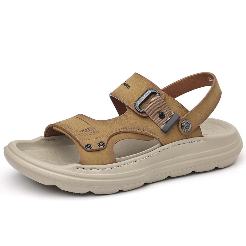 Dép sandal nam da thật đế xốp nhẹ thủ công, gót 3,5 cm, thoáng khí chống trượt — màu vàng