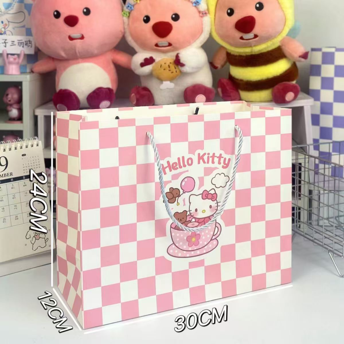 핑크 체크 kt, 흰색 판지, 대형 30*24*12cm