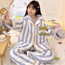 冬季新款三层夹棉袄加绒加厚保暖翻领可爱睡衣女士家居服套装外穿