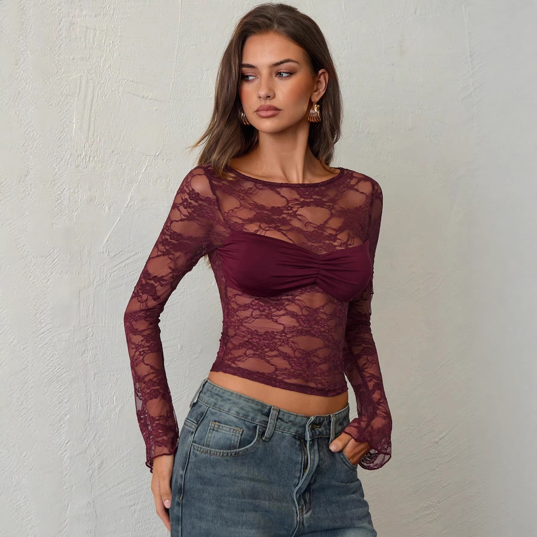 New European And American Solid Color Lace See Through Long Sleeved Top For Women, Slim Fit, Pleated Flared Chest._ecoleips.com
