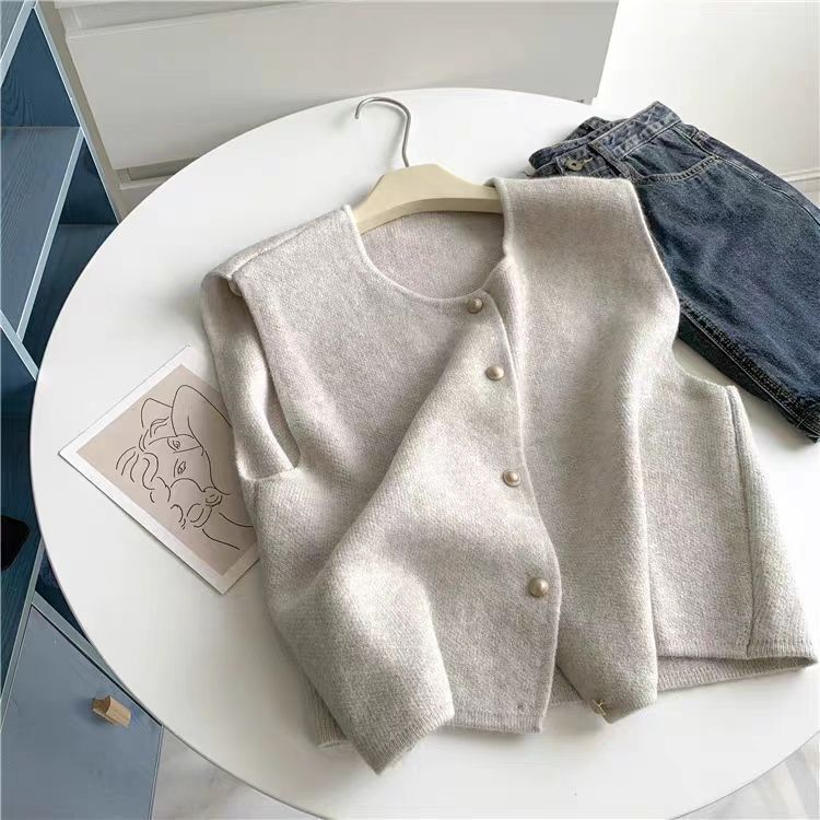 2025 Spring Lazy Style Knitted Cardigan Vest for Women Layered Korean Style Age-Reducing Ins Sleeveless Sweater Versatile Waistcoat