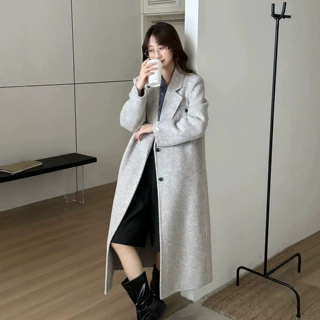 双面羊毛大衣女长款正肩新款西装垫肩通勤单排扣外套秋冬通勤女