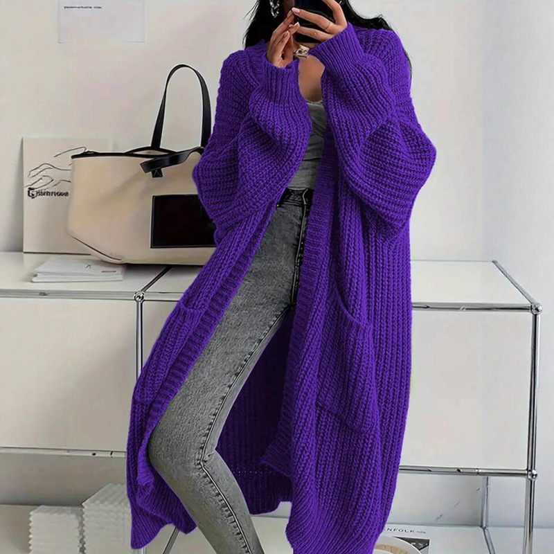 New Foreign Trade Long-Style Lazy Style Cross-Border Sweater Coat for Women, Autumn and Winter Solid Color Loose Versatile Long-Sleeve Knitted Cardigan
