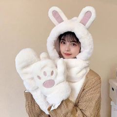 冬の帽子のマフラーの手袋の一体の女性のウサギの耳の熊の3セットのかわいいぬいぐるみのマフラーの卸売り